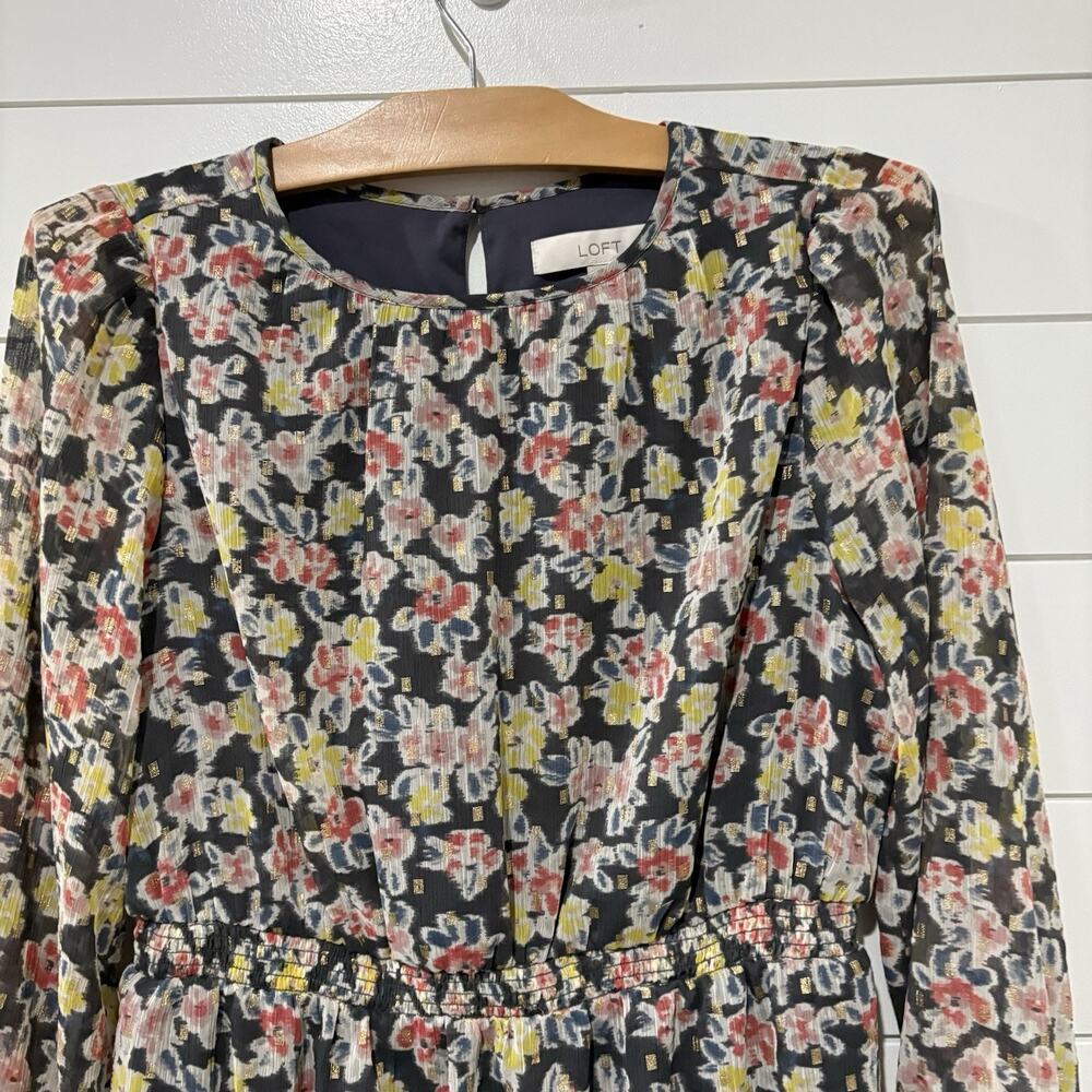 Ann Taylor LOFT | Dress Floral Long Sleeve Metallic Fun Flirty- Medium Petite - Picture 2 of 8